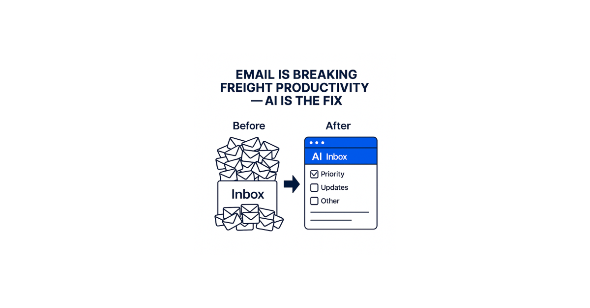 Before-and-after graphic showing an overloaded email inbox compared to a clean AI-powered inbox with categorized priority, updates, and other sections, illustrating how AI improves freight team productivity