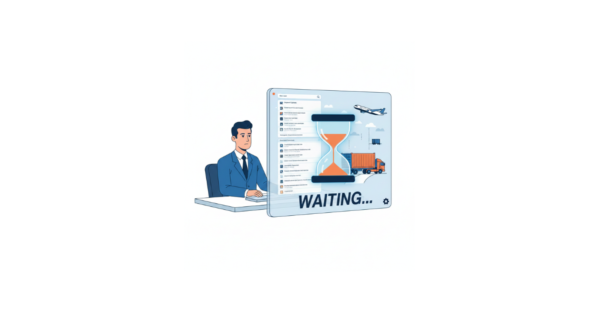 Freight forwarding executive waiting for email replies with inbox delay illustration showing hidden productivity loss