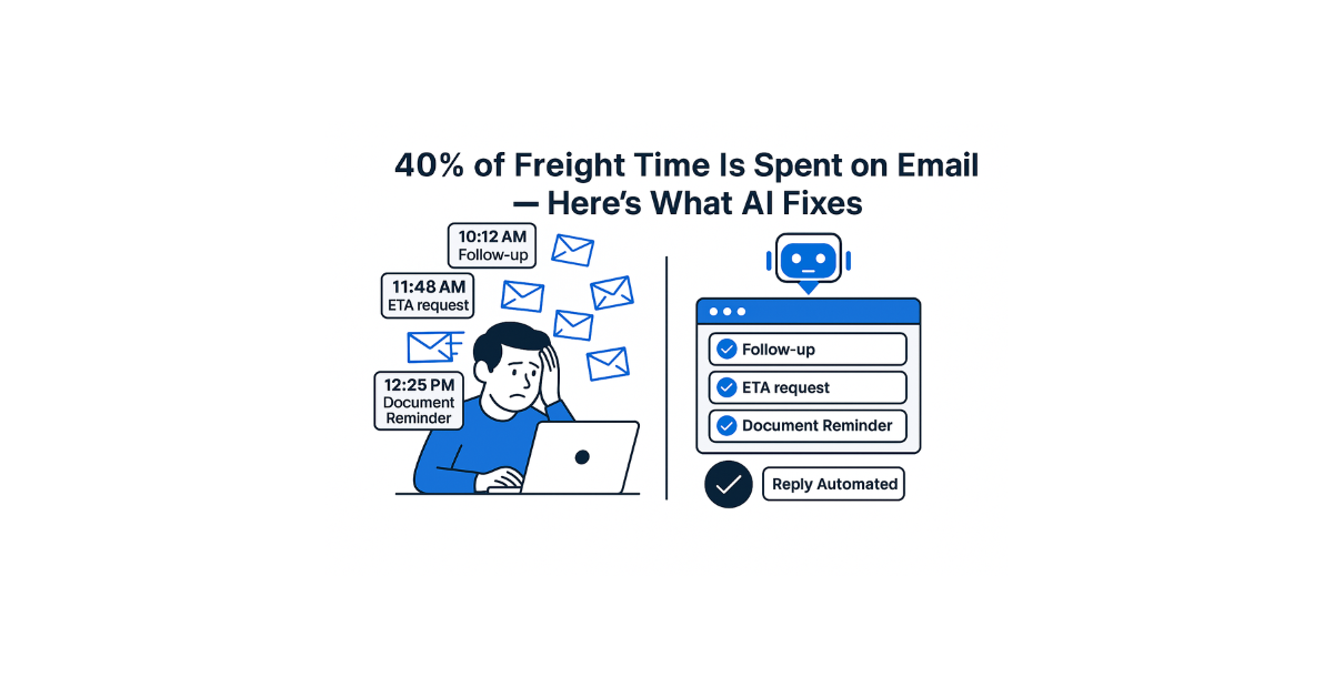 A split-screen illustration showing a stressed freight forwarder on the left surrounded by email timestamps such as “10:12 AM Follow-up,” “11:48 AM ETA request,” and “12:25 PM Document Reminder,” representing manual email overload. On the right, an AI-powered inbox automatically handles these messages with labeled tasks like Follow-up, ETA request, and Document Reminder. The top overlay reads: “40% of Freight Time Is Spent on Email — Here’s What AI Fixes.”